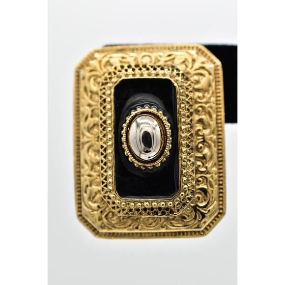 1928 Vintage Clip On Earrings Antiqued Gold Black Enamel Chunky Rectangle BinAZ - Picture 6 of 12